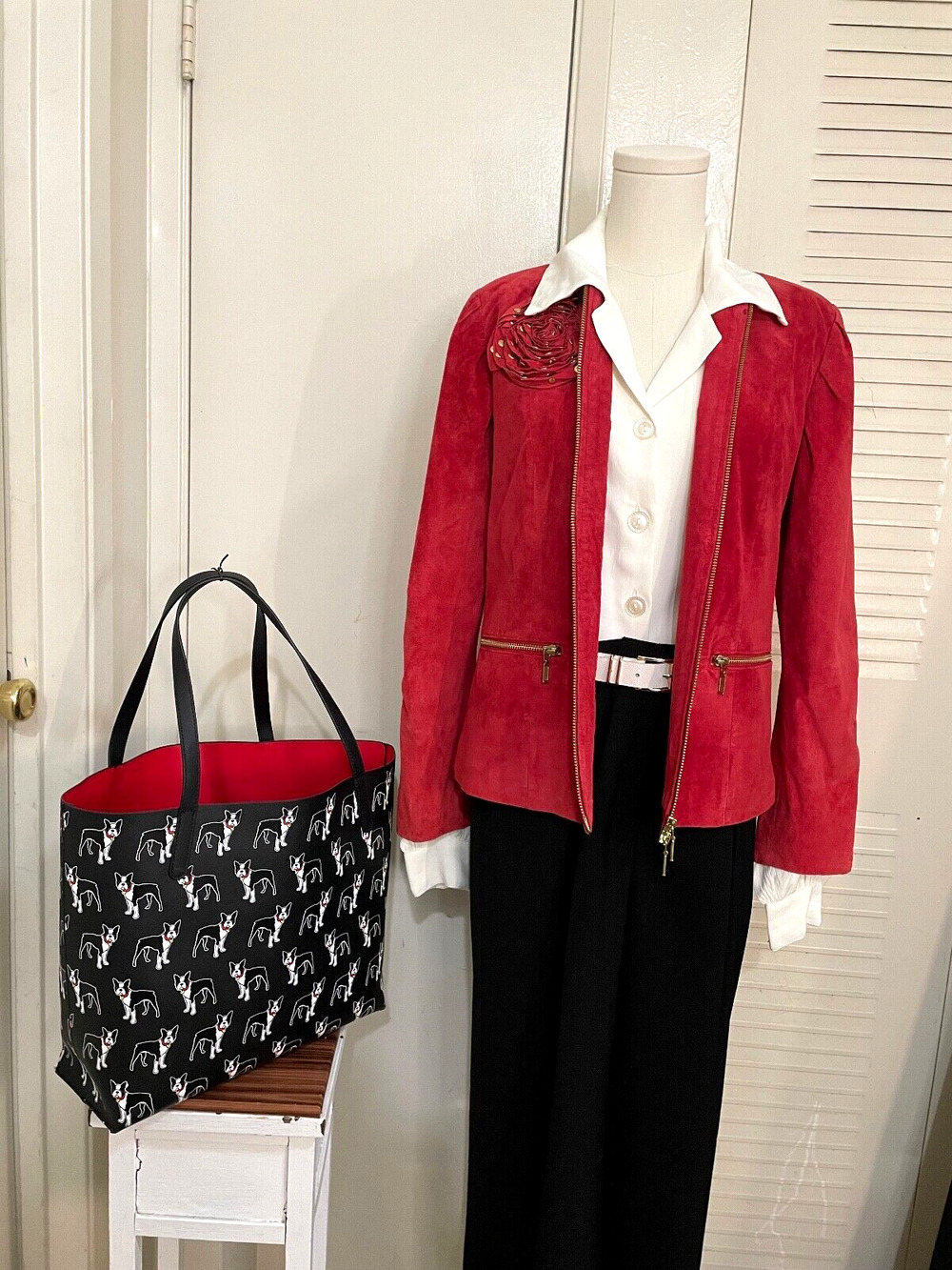 Pre-owned Berek Red Suede Gold Studded Ruffle Rosette Zip Jacket Size S